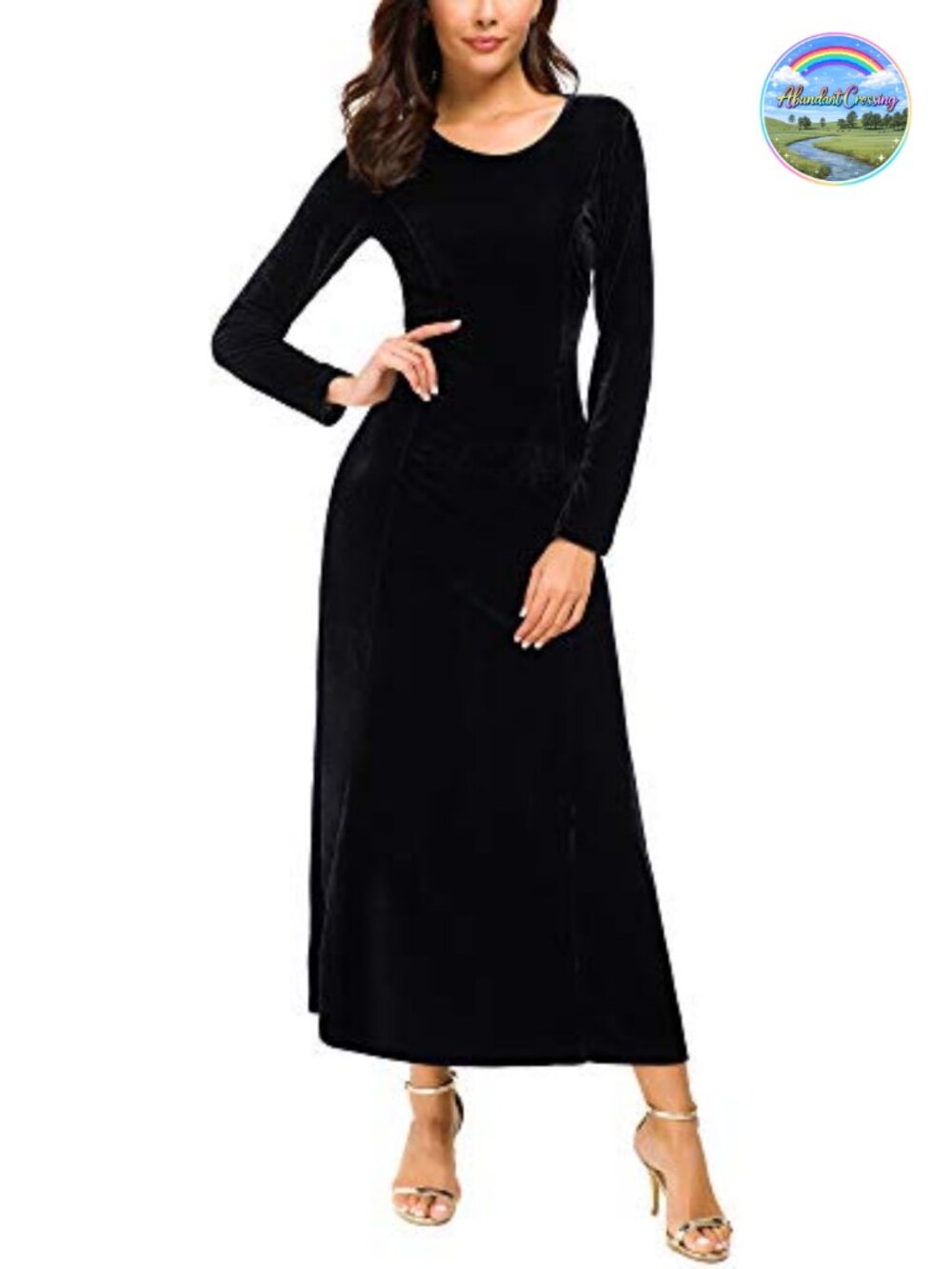 Elegant Long Sleeve Ruched Velvet Stretchy Midi Dress Scoop Neck A-Line